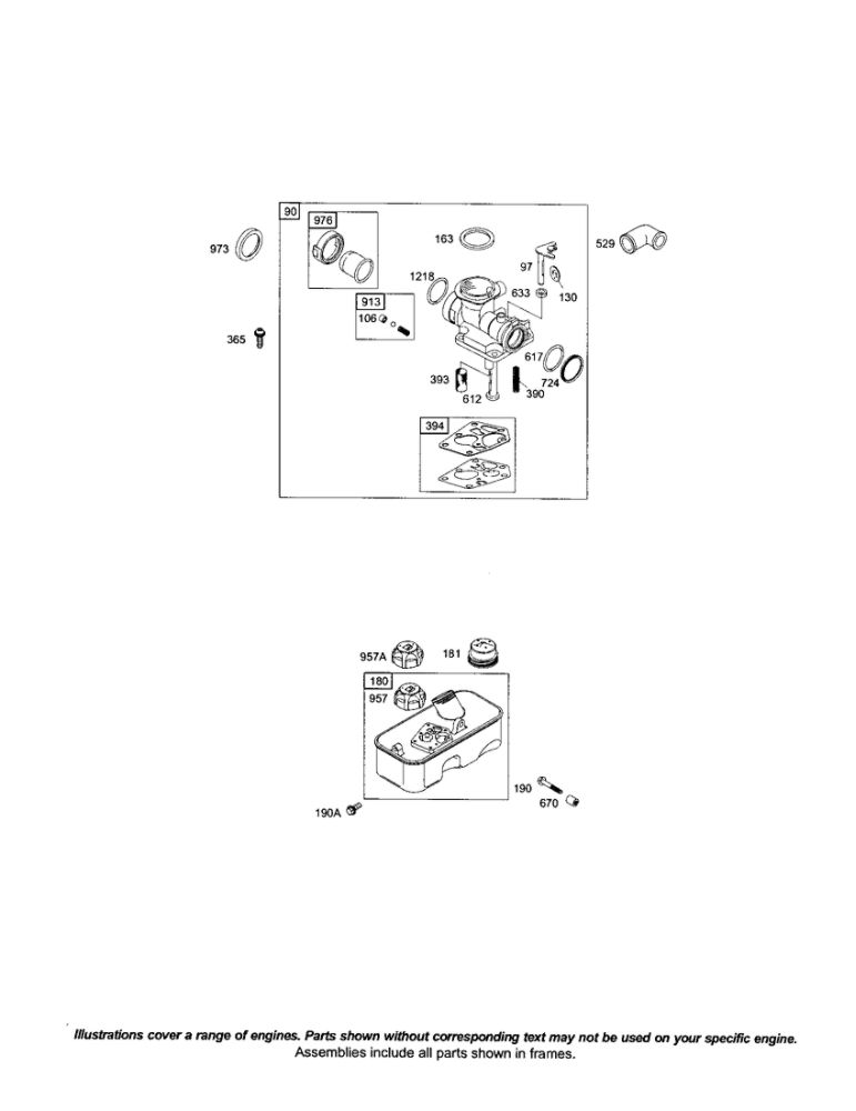 Carburetor/Fuel Tank Diagram and Parts List for 10G900 0015 Thru 0352 Briggs and Stratton Engine